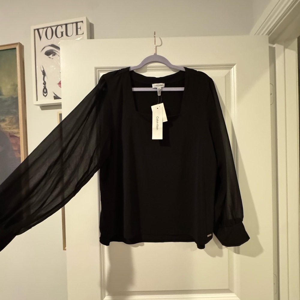 Calvin Klein Black Blouse with Sheer Sleeves